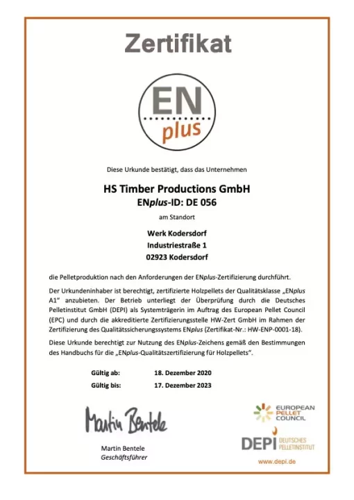 HS Timber ENplusA1 Holz Pellets Zertifikat